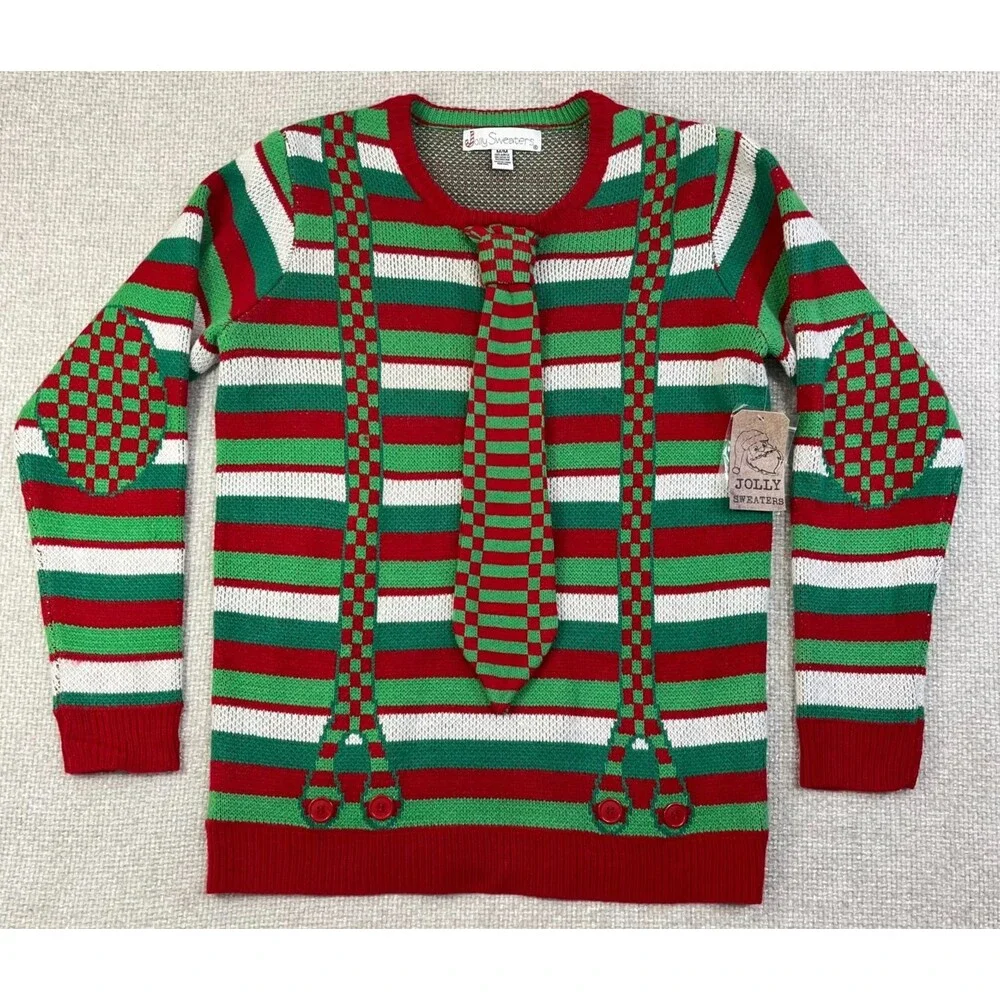 New Ugly Christmas Sweater Men's M Tie Suspenders Striped Unisex Holiday Party